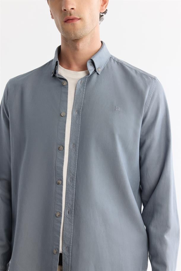 Petrol Mavi Düğmeli Yaka Pamuklu Soft Touch Gömlek