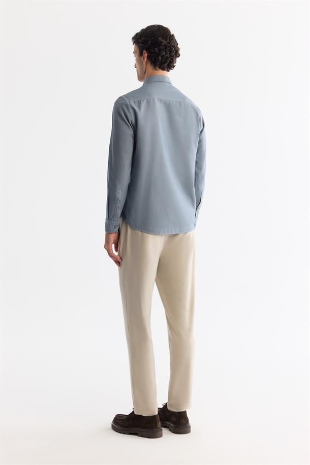 Petrol Mavi Düğmeli Yaka Pamuklu Soft Touch Gömlek