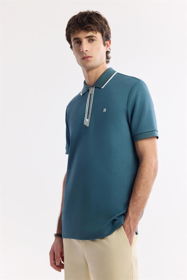 Petrol Mavi Polo Yaka Bi-Stretch Baskılı İnterlok T-Shirt