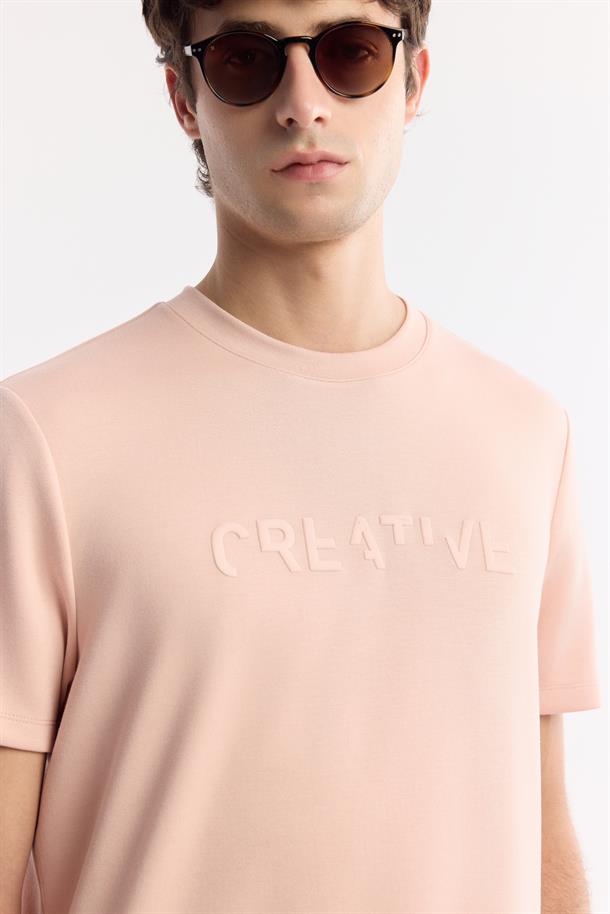 Pudra Bisiklet Yaka Baskılı Bi-Stretch İnterlok T-Shirt