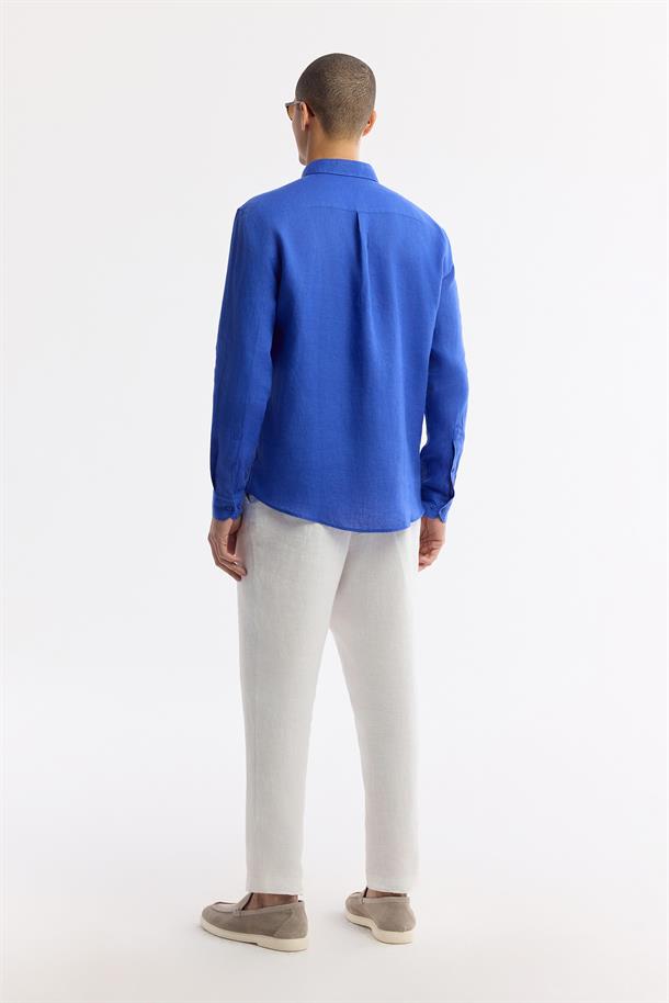 Saks Düğmeli Yaka %100 Keten Gömlek