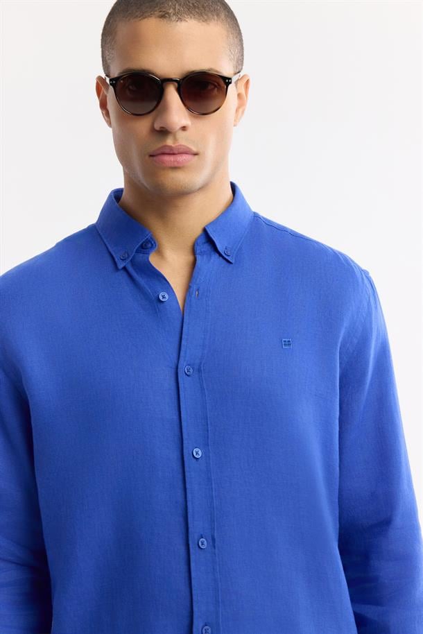 Saks Düğmeli Yaka %100 Keten Gömlek