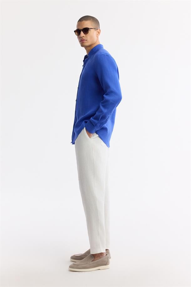 Saks Düğmeli Yaka %100 Keten Gömlek