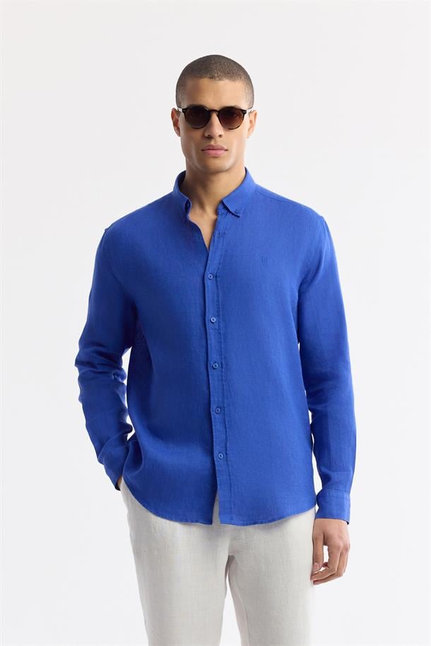 Saks Düğmeli Yaka %100 Keten Gömlek