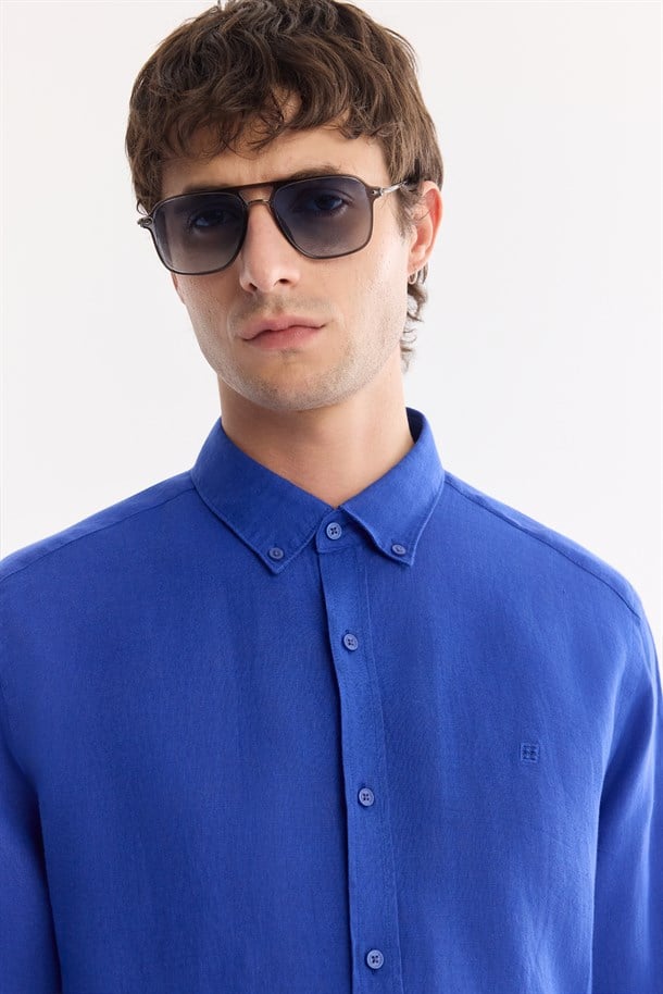 Saks Düğmeli Yaka %100 Keten Gömlek