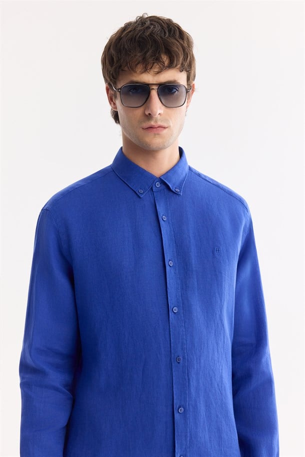 Saks Düğmeli Yaka %100 Keten Gömlek