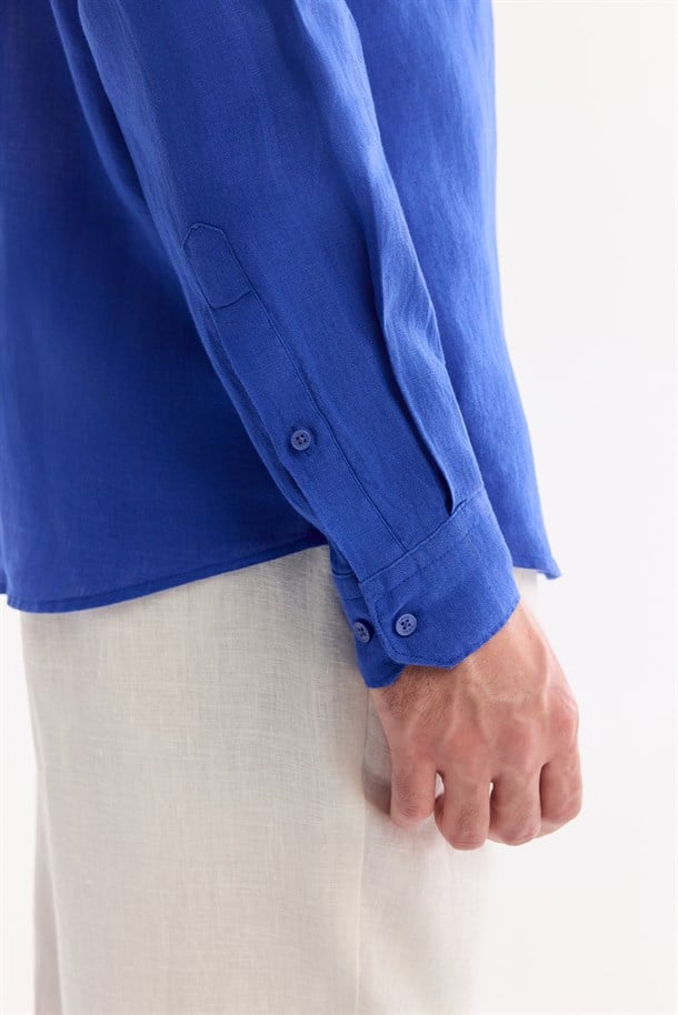 Saks Düğmeli Yaka %100 Keten Gömlek