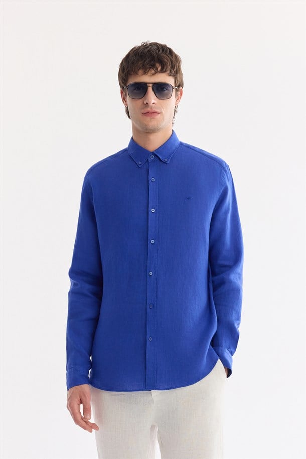 Saks Düğmeli Yaka %100 Keten Gömlek