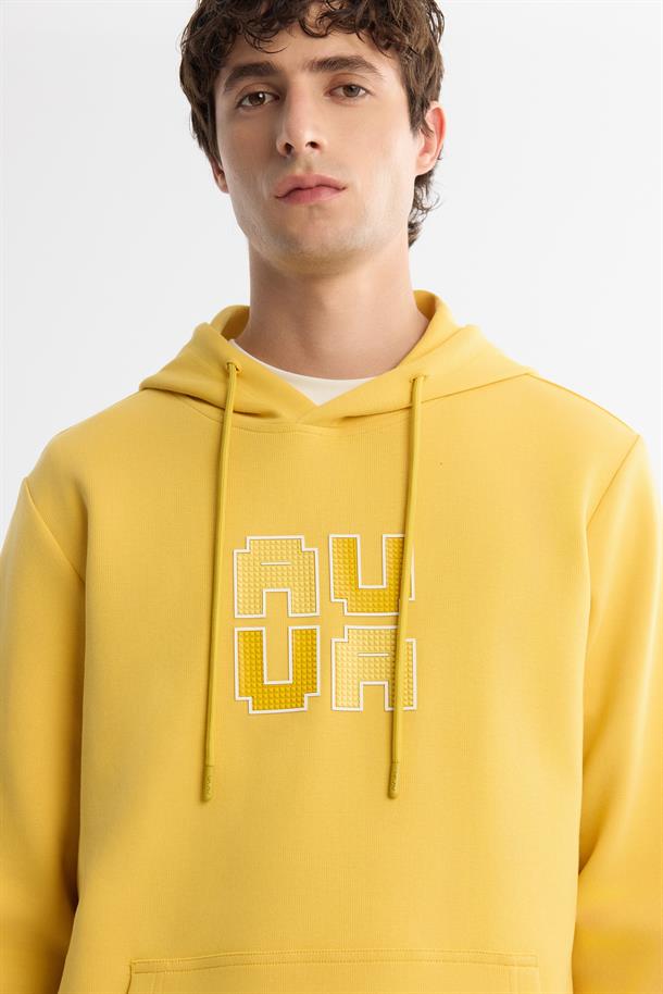 Sarı Kapüşonlu Pamuklu Baskılı Elastan Sweatshirt