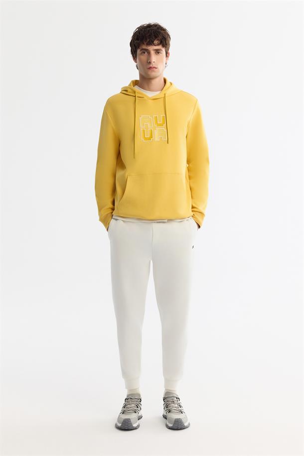 Sarı Kapüşonlu Pamuklu Baskılı Elastan Sweatshirt