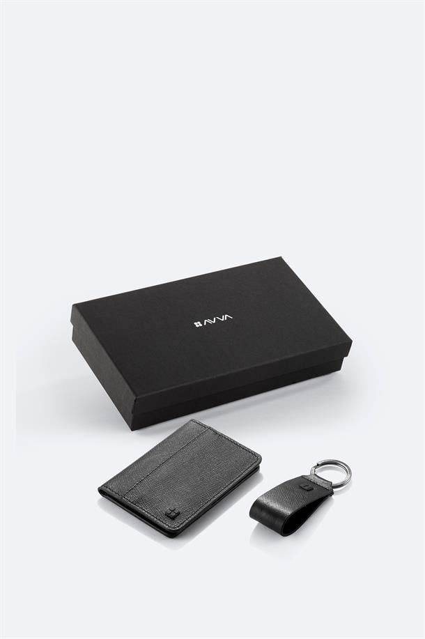 Black 100% Leather Wallet & Keychain Gift Set