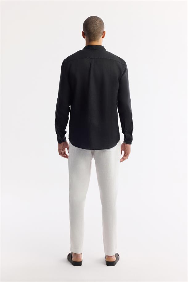 Siyah Düğmeli Yaka %100 Keten Gömlek