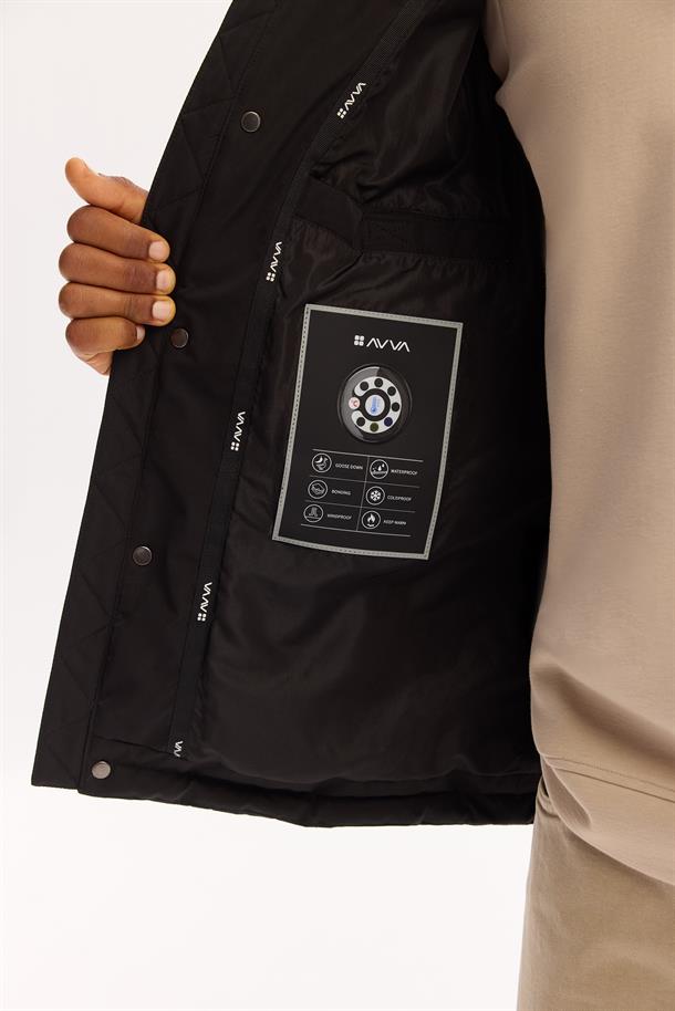 Siyah Kapüşonlu %100 Kaz Tüyü Su İtici Rüzgar Geçirmez -10 Dereceye Dayanıklı Şişme Mont