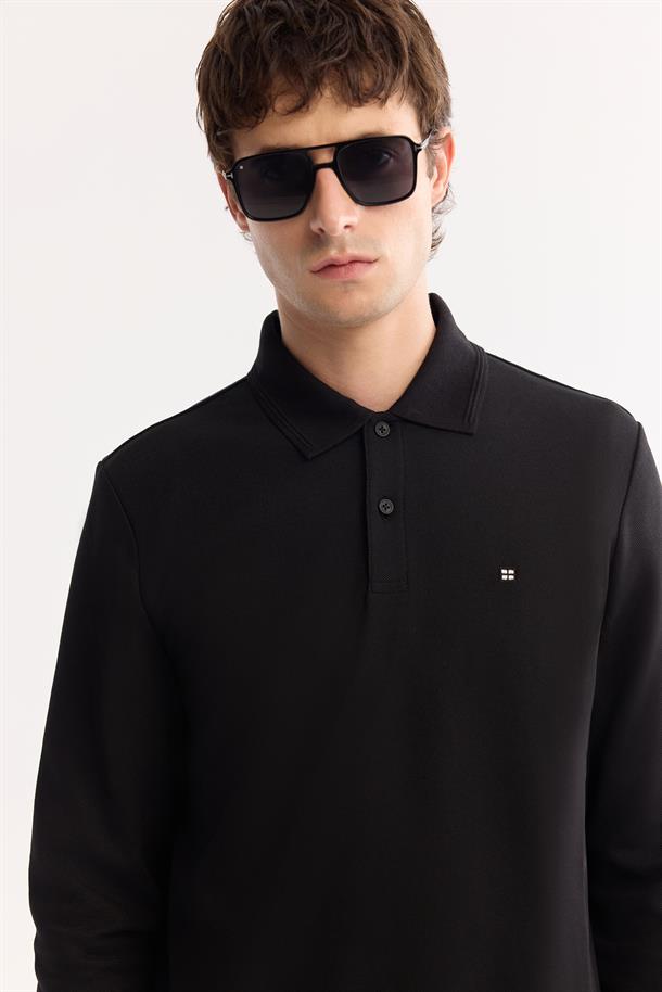 Siyah Polo Yaka Kolay Ütülenen Basic Sweatshirt