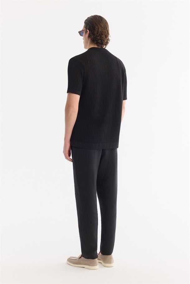 Siyah Apaj Yaka Önden Düğmeli Soft Touch Kısa Kollu Triko T-Shirt