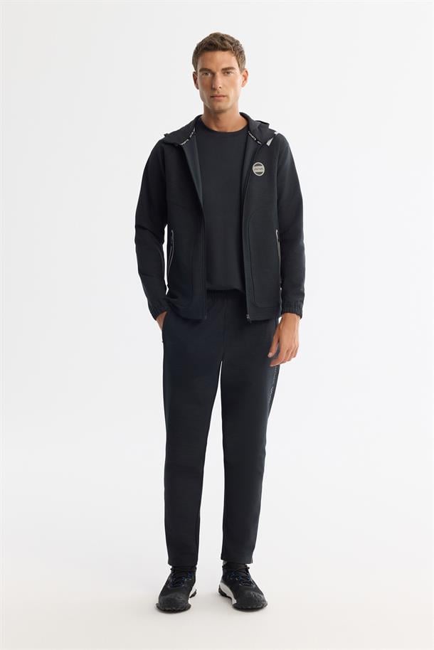 Siyah Beli Lastikli Baskılı Fermuar Paçalı Elastan Eşofman Altı