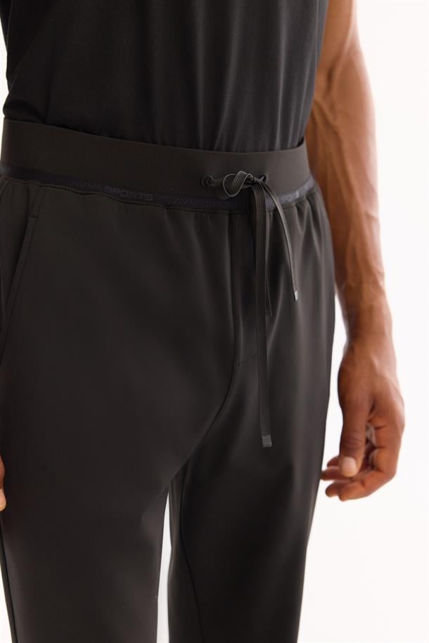 Siyah Beli Bağcıklı İçi Şardonlu Elastan Eşofman Altı