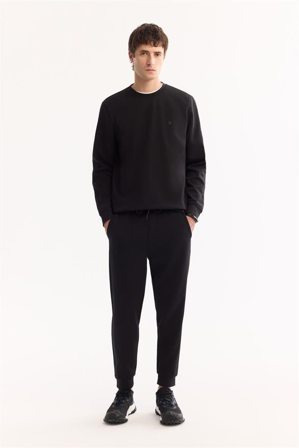 Siyah Beli Lastikli Bağcıklı Pamuklu Bi-Stretch Eşofman Altı