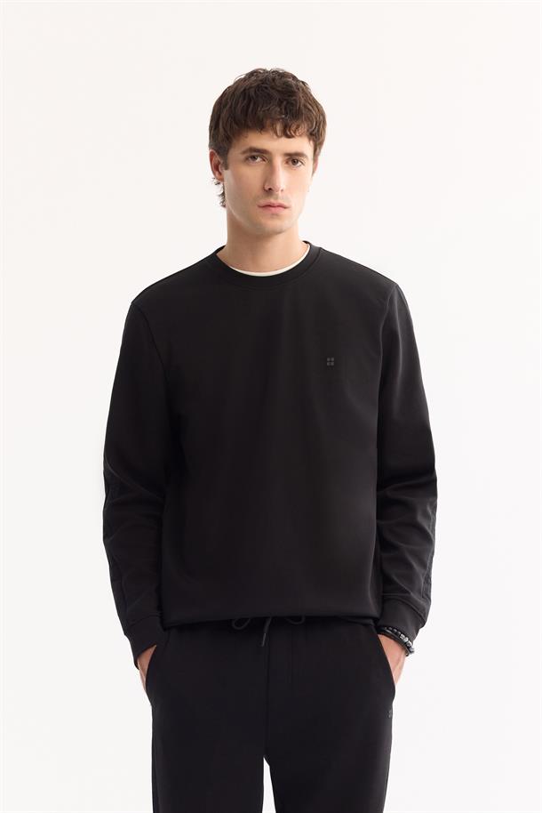 Siyah Beli Lastikli Bağcıklı Pamuklu Bi-Stretch Eşofman Altı