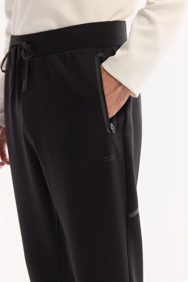 Siyah Beli Lastikli Bağcıklı Bi-Stretch Eşofman Altı