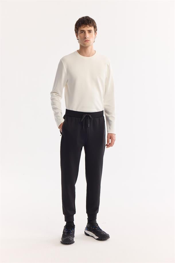 Siyah Beli Lastikli Bağcıklı Bi-Stretch Eşofman Altı