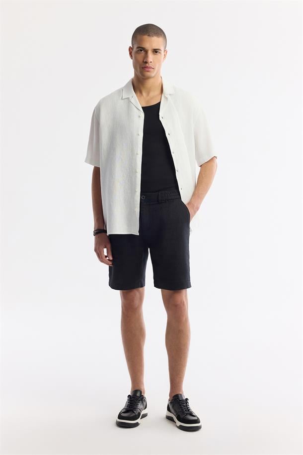 Siyah Beli Lastikli %100 Keten Şort