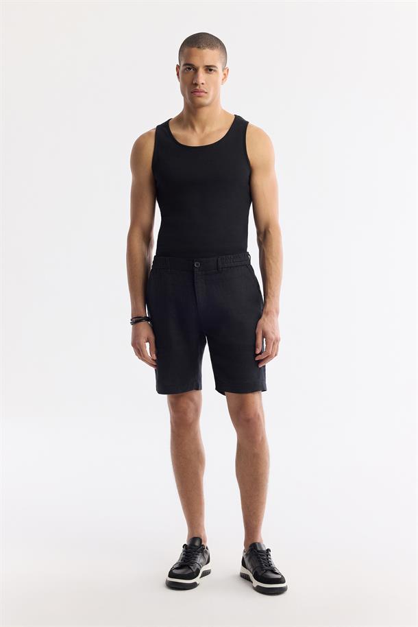 Siyah Beli Lastikli %100 Keten Şort