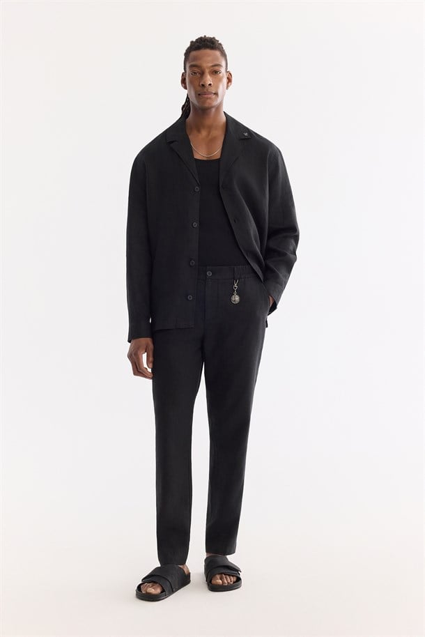 Black Elastic Waist Drawstring 100% Linen Pants