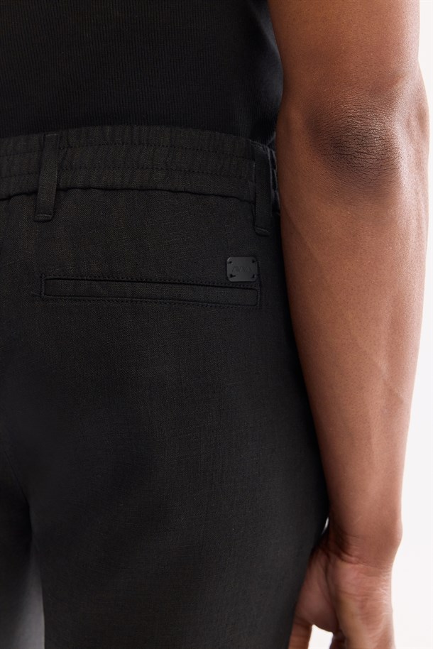 Siyah Beli Lastikli %100 Keten Şort