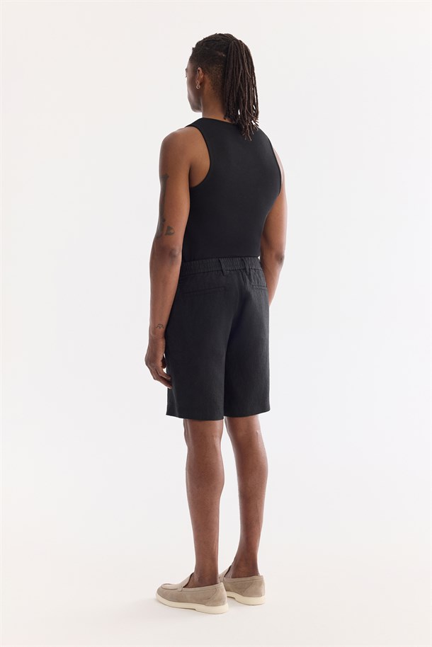 Siyah Beli Lastikli %100 Keten Şort