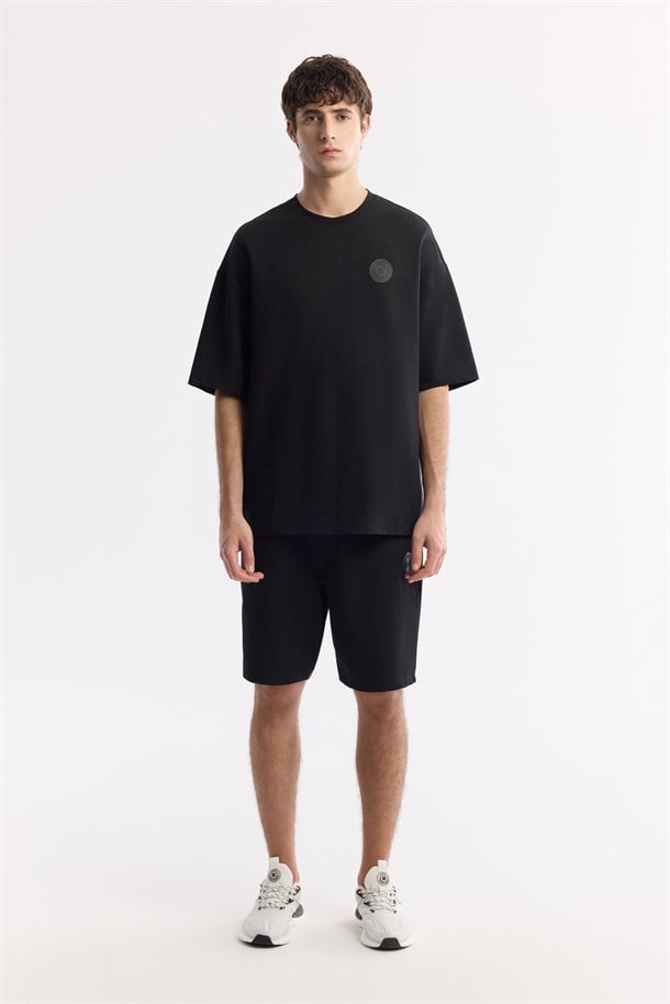 Black Elastic Waist Drawstring Bi-Stretch Double Knit Shorts