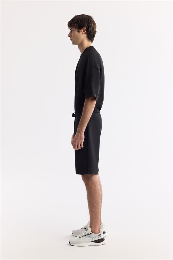 Black Elastic Waist Drawstring Bi-Stretch Double Knit Shorts