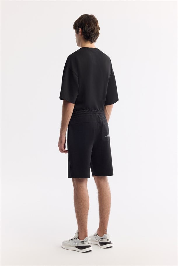 Black Elastic Waist Drawstring Bi-Stretch Double Knit Shorts