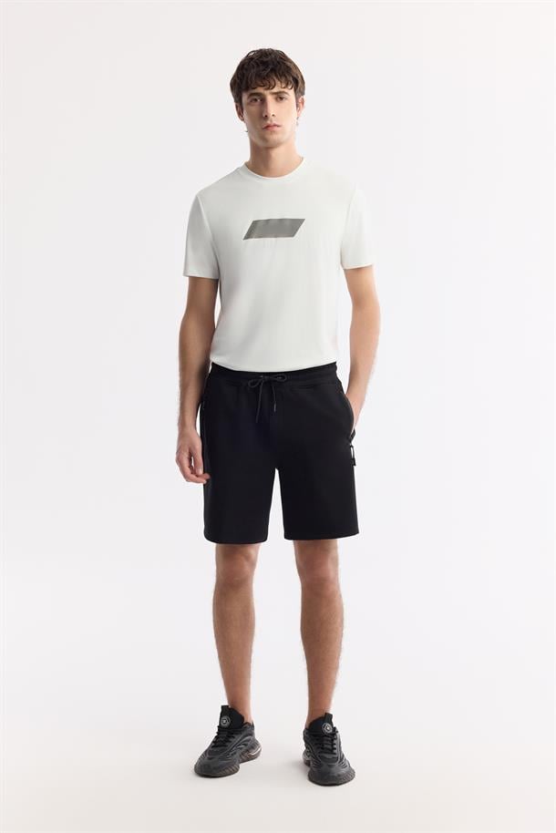 Siyah Beli Lastikli Bağcıklı Bi-Stretch İnterlok Şort