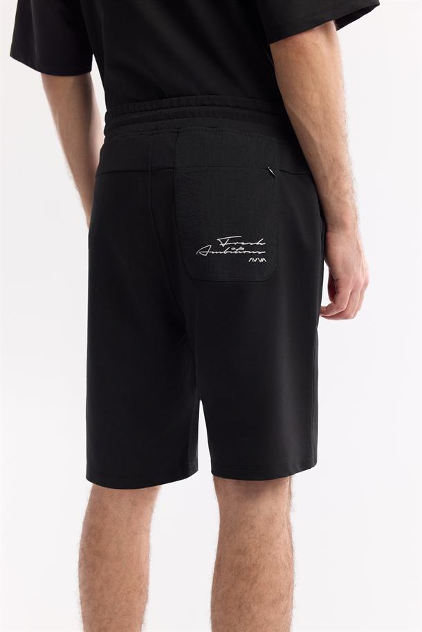 Siyah Beli Lastikli Bağcıklı Bi-Stretch 2 İplik Örme Şort