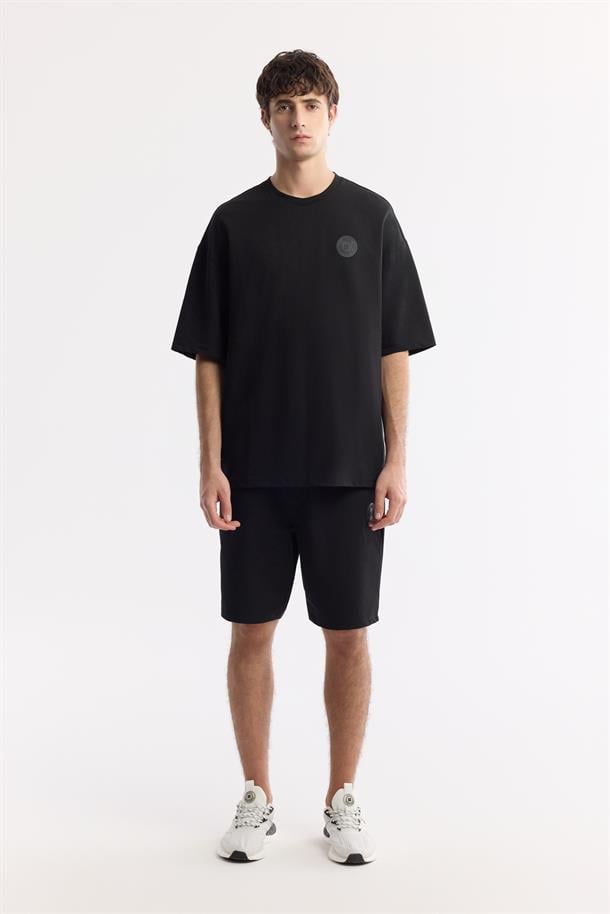 Siyah Beli Lastikli Bağcıklı Bi-Stretch 2 İplik Örme Şort