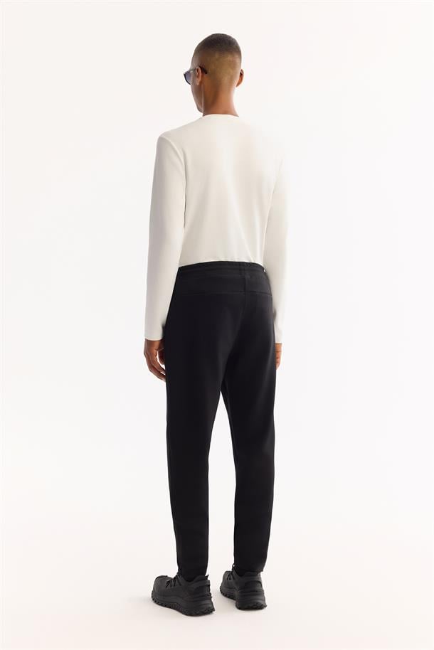 Siyah Beli Lastikli Bağcıklı Pamuklu Bi-Stretch Eşofman Altı