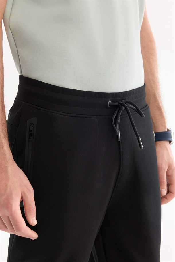 Siyah Beli Lastikli Bağcıklı Yandan Fermuar Cepli  İnterlok Jogger