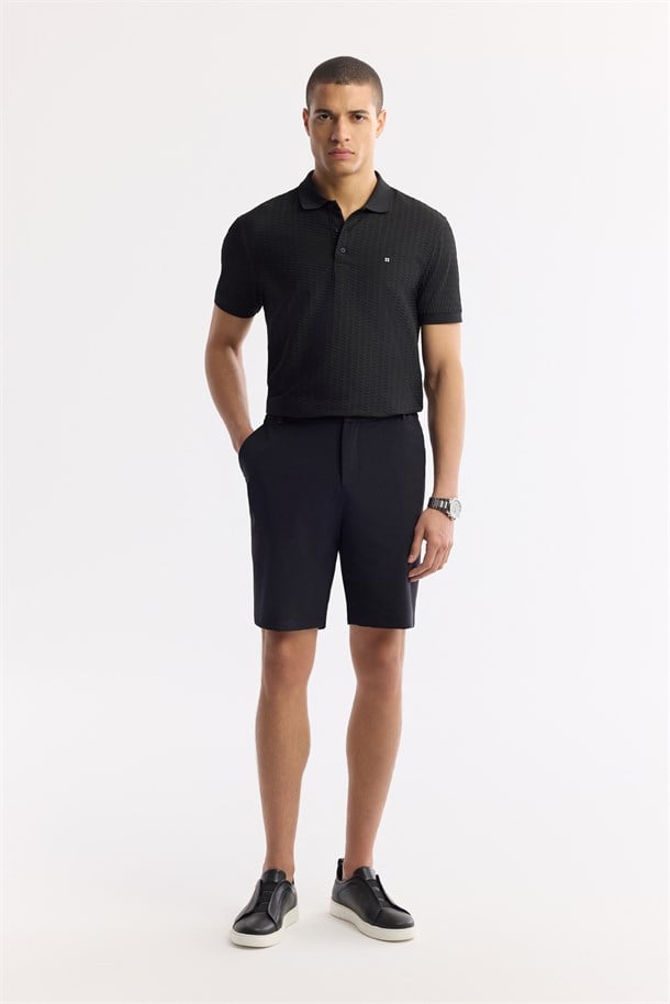 Siyah Beli Lastikli Bi-Stretch Teknik Kumaş Şort