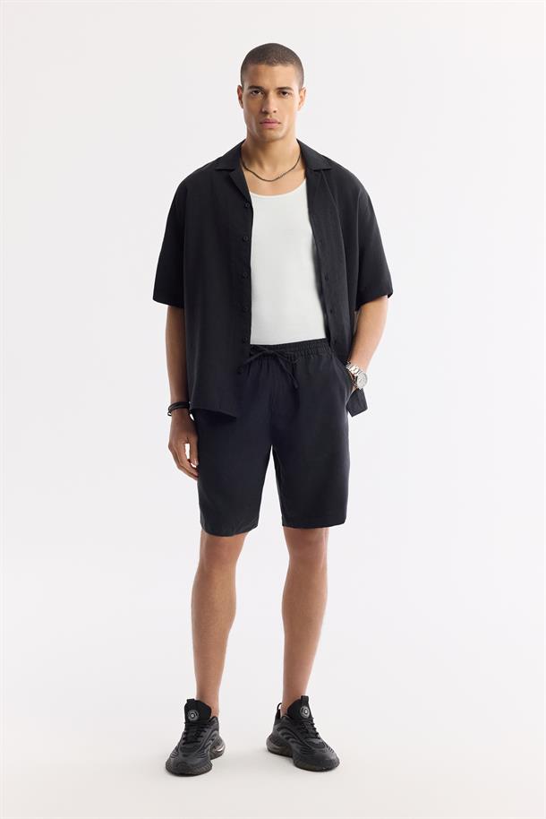 Siyah Beli Lastikli Bağcıklı Soft Touch Şort