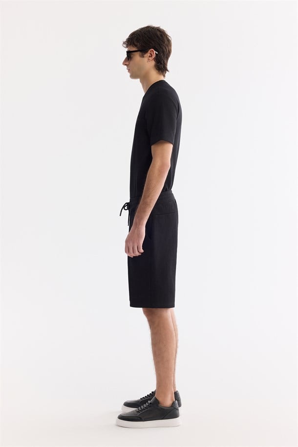 Siyah Beli Lastikli Yandan Cepli Nervürlü Pike İnterlok Şort