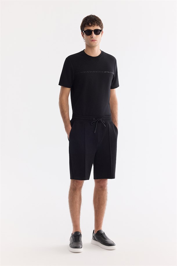 Siyah Beli Lastikli Yandan Cepli Nervürlü Pike İnterlok Şort