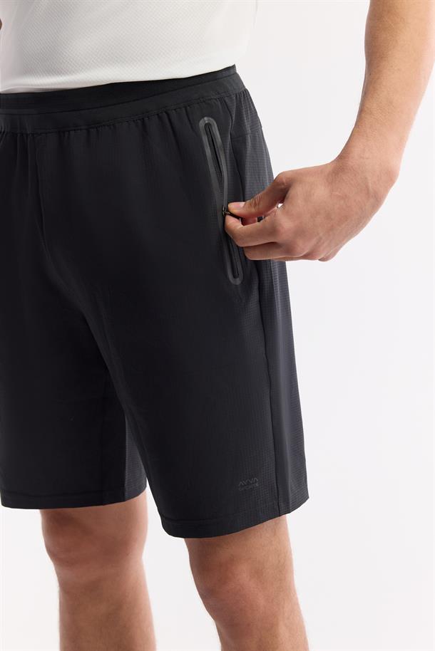 Siyah Beli Lastikli Teknik Kumaş Örme Şort