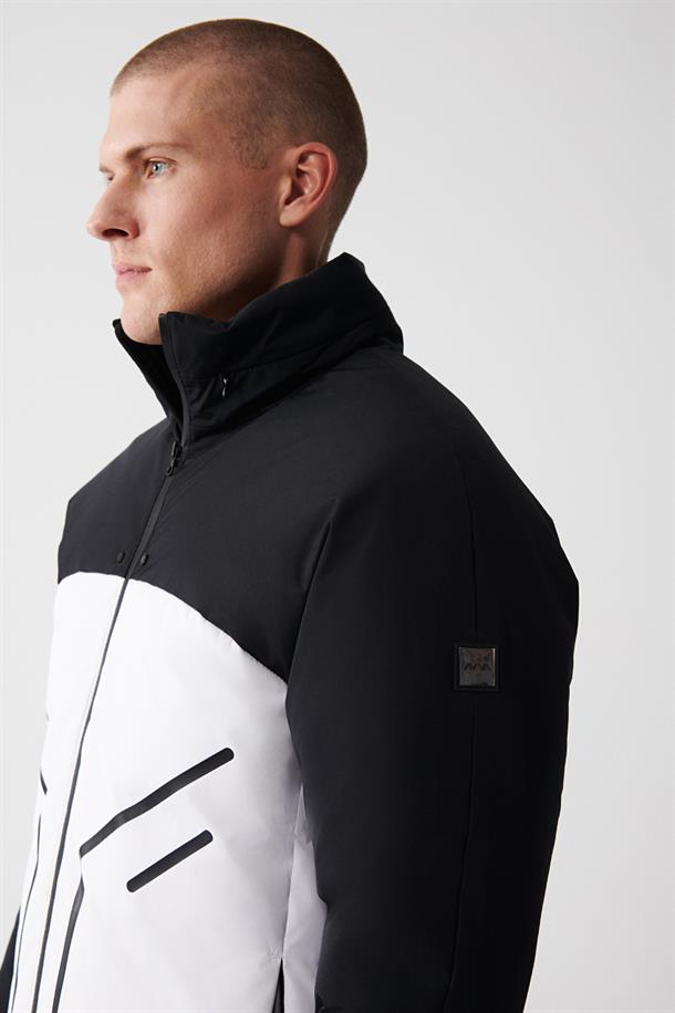 Siyah-Beyaz Kaztüyü Su İtici Rüzgar Geçirmez Gizli Kapüşonlu Dik Yaka Baskılı Mont