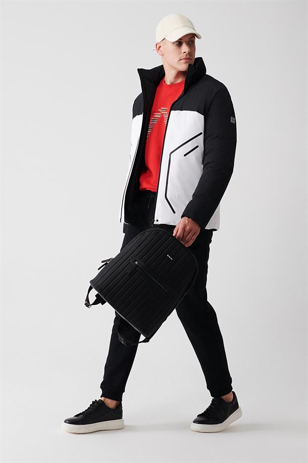 Siyah-Beyaz Kaztüyü Su İtici Rüzgar Geçirmez Gizli Kapüşonlu Dik Yaka Baskılı Mont