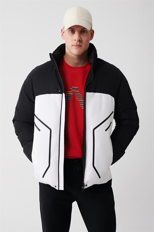 Siyah-Beyaz Kaztüyü Su İtici Rüzgar Geçirmez Gizli Kapüşonlu Dik Yaka Baskılı Mont