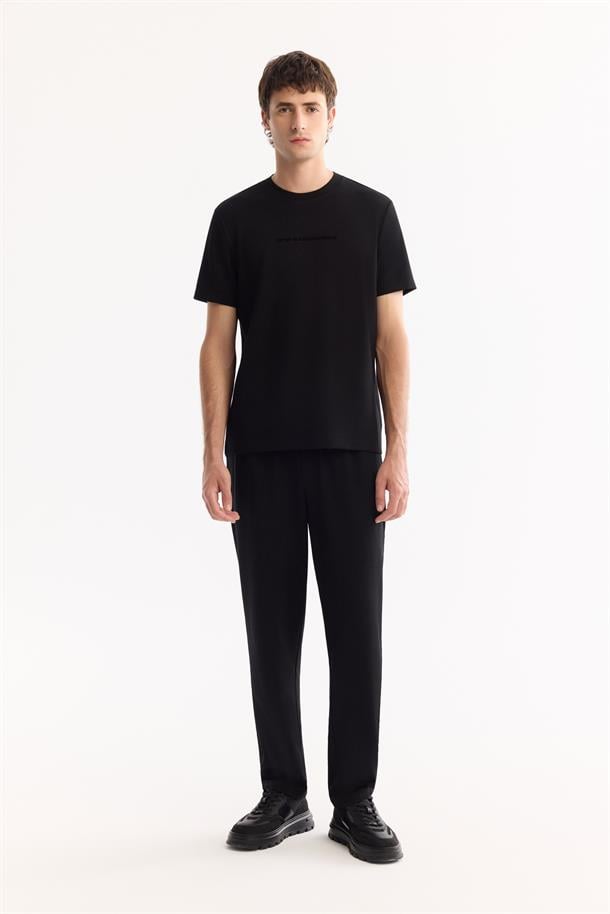 Siyah Bisiklet Yaka Viskon Karışımlı Bi-Stretch Baskılı T-Shirt