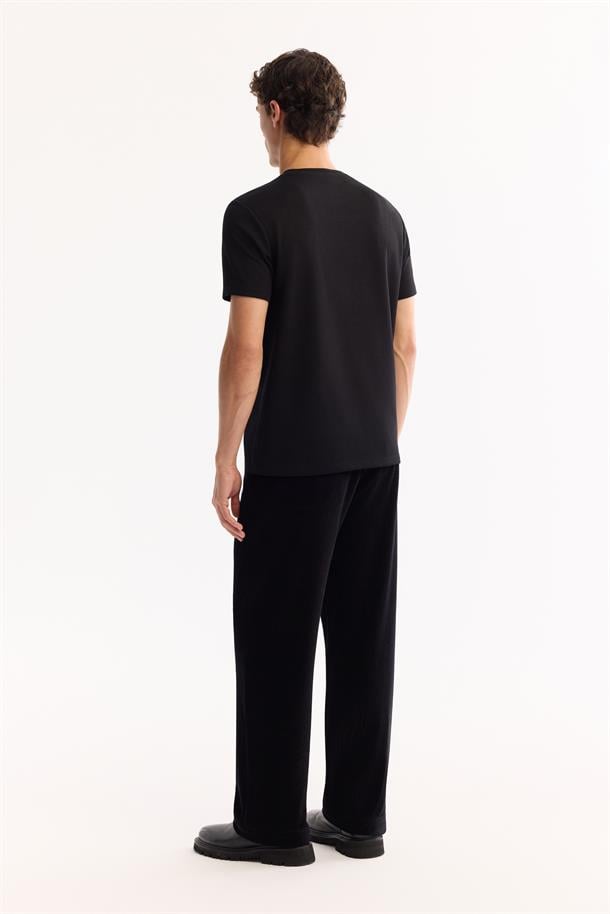 Siyah Bisiklet Yaka Viskon Karışımlı Bi-Stretch Baskılı T-Shirt