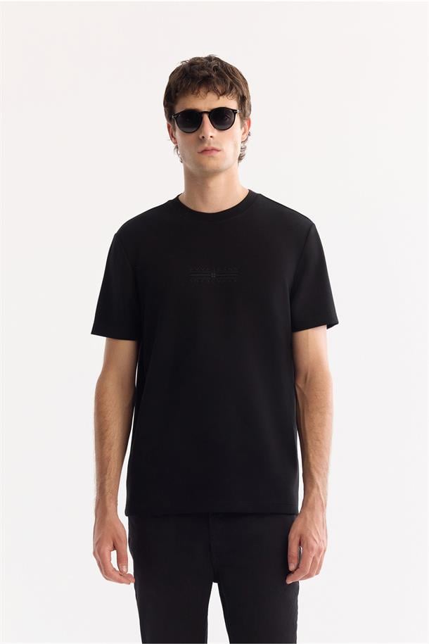Siyah Bisiklet Yaka Viskon Karışımlı Bi-Stretch Baskılı T-Shirt