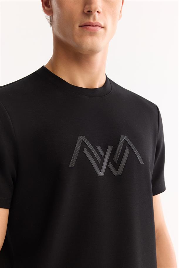 Siyah Bisiklet Yaka Viskon Karışımlı Bi-Stretch Baskılı T-Shirt